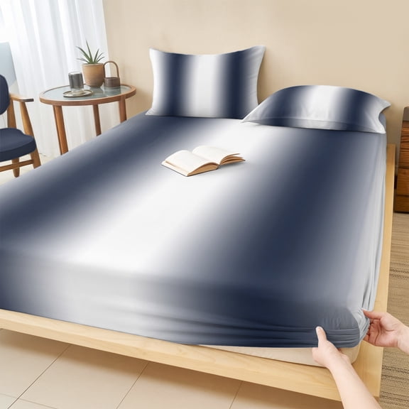 King Size Fitted Sheet Set - Navy Blue Ombre 3 Piece Bedding Sets 16" Deep Pocket Fitted Sheet with 2 Pillowcases, Farmhouse Modern Art Brushed Microfiber Hotel Luxury Bed Sheets