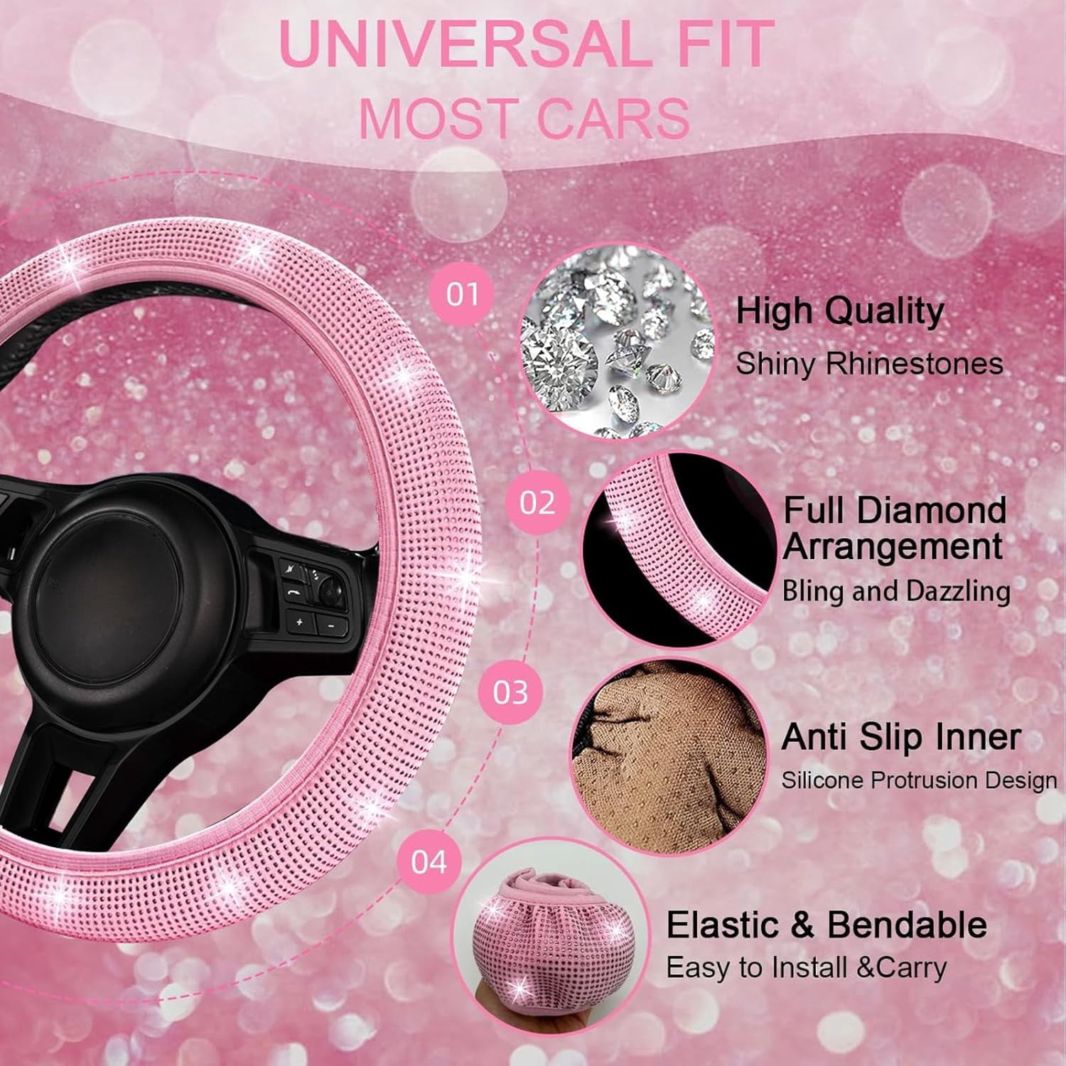 27 Pcs Pink Bling Car Accessories Set for Women, Steering Wheel Cover with Rhinestone Console Cover Seat Belt Cushion Shift Knob Cup Coaster Car Hanging (Pink)