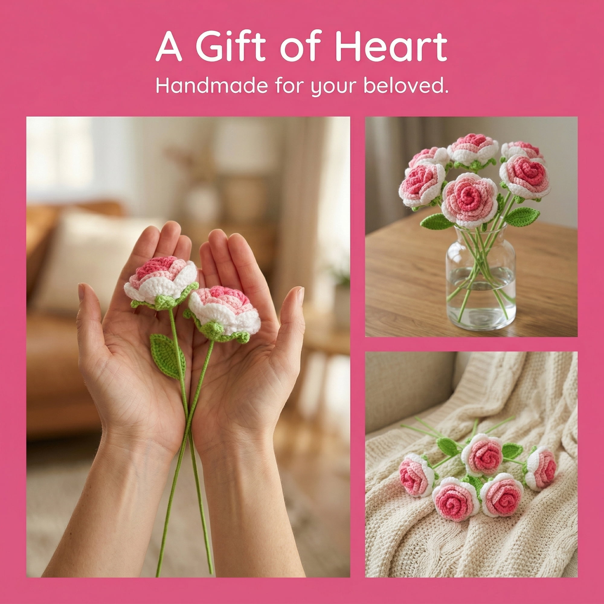 Unique Bargains 4Pcs Handmade Crochet Long Stem Realistic Fake Roses Gradient Pink 13in