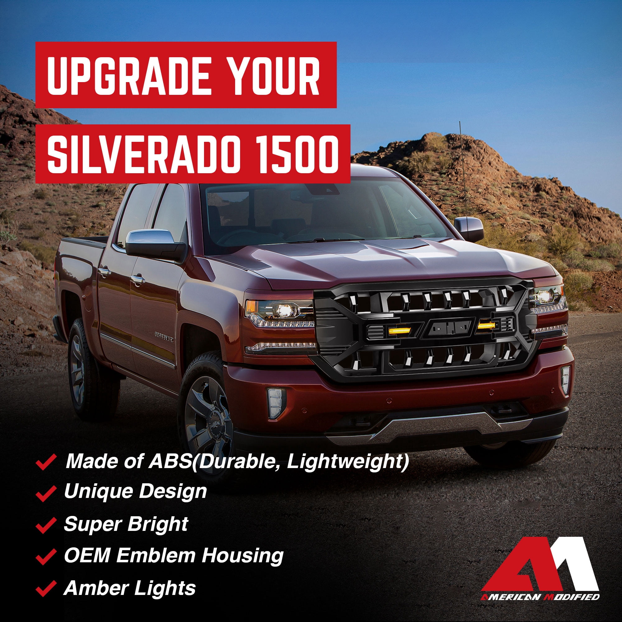 AMERICAN MODIFIED Armor Grille for 16-19 Chevy Silverado 1500, Glossy Black