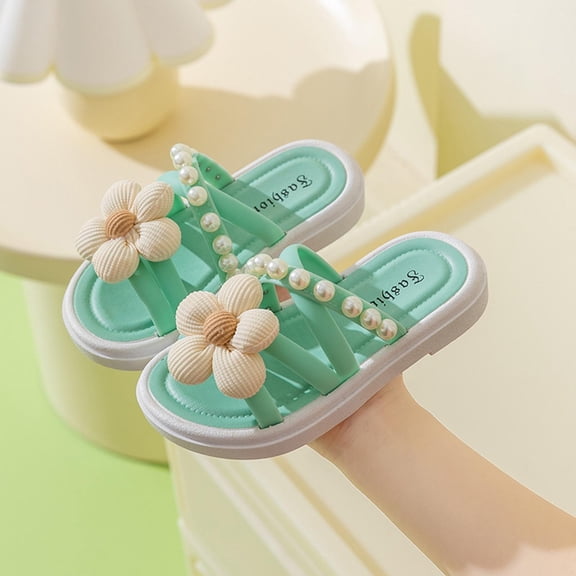 ZunFeo Kids Girls Summer Slide Sandals Mint Green with Floral Pearl Strap | Non-Slip Open Toe Beach Shoes | Easy Slip On Cushioned | Kids Sizes 8-12,Size 2.5 T