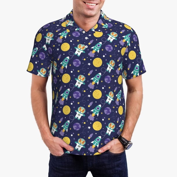 Fotbe Astronaut Corgi Camiseta Polo de Golf para Hombre con Estampado – Camisa Deportiva Transpirable con Cuello Abotonado-XX-Large