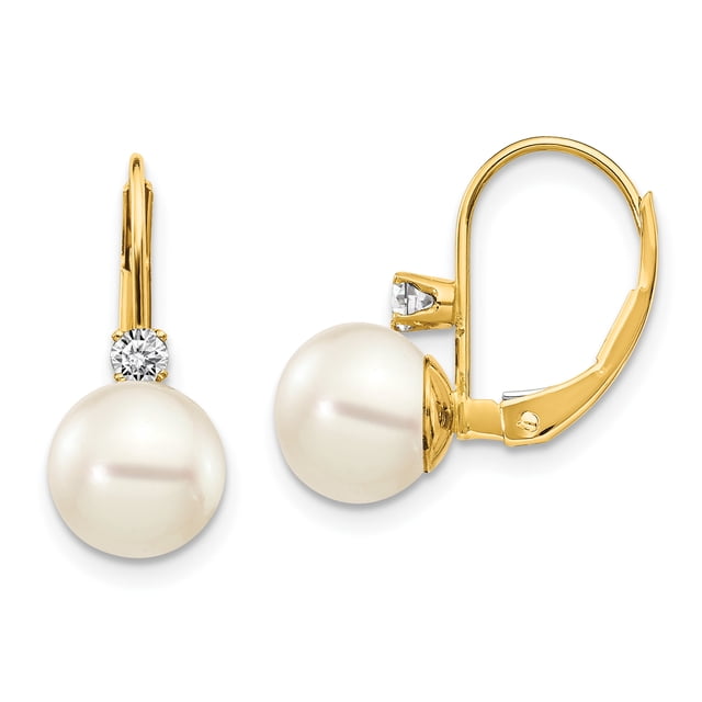 Boucles d'Oreilles Pendantes en Or Jaune 14k 7 8mm avec Perles d'Eau Douce Rondes et Diamants