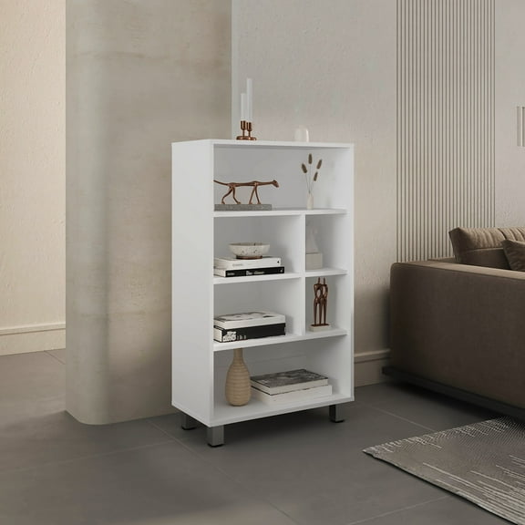 40" Tall Four Cabinet With 6 , White - And Stylish For Basement 4 Shelves, Sleek Practical Bookcase