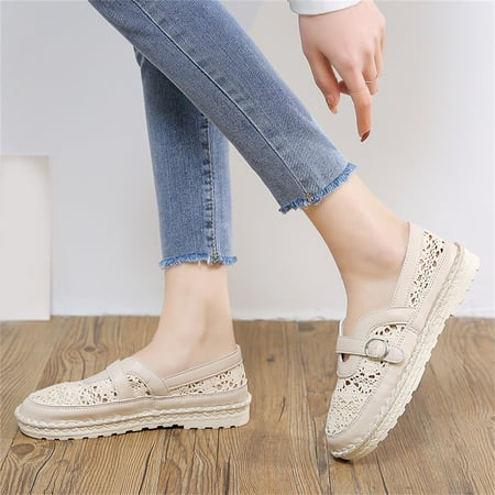 

Women Shoes Fashion Summer Women Casual Shoes Fisherman Shoes Flat Thick Bottom Mesh Buckle Solid Color Beige 7.5