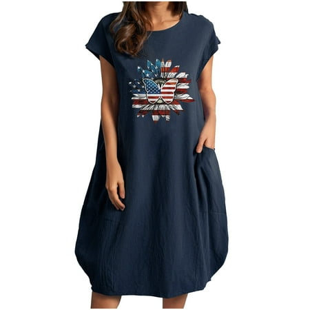 

YanHoo Women s Indepence Print Dresses Linen Short Sleeve Tunic Dress Round Neck Casual Midi Dress with Pockets