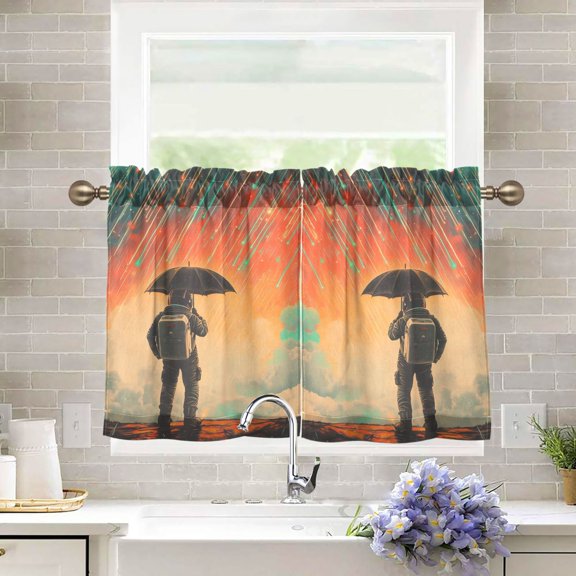 Yayeee Kitchen Curtains Tier Pair Light Filtering 27"x36" Rod Pocket Short Cafe Window Panel, Astronaut in Rain