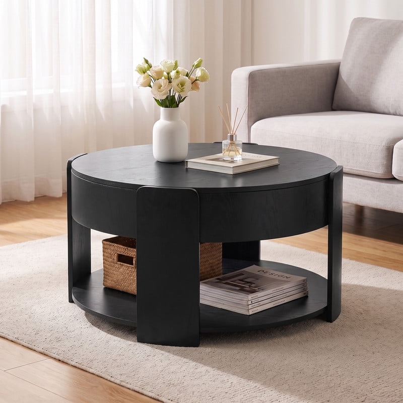iooHug Modern Round Lift Top Coffee Table with Hidden Storage Wood Center Table with Open Shelf Farmhouse Cocktail Table for Living Room Apartment Black