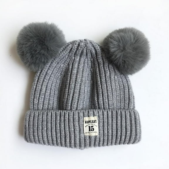 Kids Winter Pompom Hat, Knitted Ski Beanie Hat, Double Pom Beanie Cap for Girls Boys, for 1-3 Years Old, Cotton Ball Kids Hat