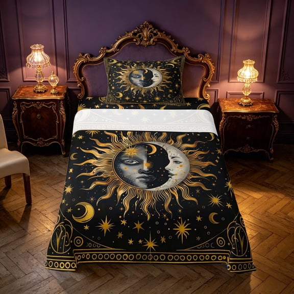 Homewish Hippie Sun Moon Twin Sheets, Glitter Stars Bedding, Black Gold, 3 Pieces, 1 Flat Sheet, 1 Fitted Sheet and 1 Pillowcase