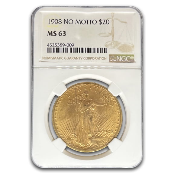 1908 $20 St Gaudens Gold Double Eagle No Motto MS-63 NGC