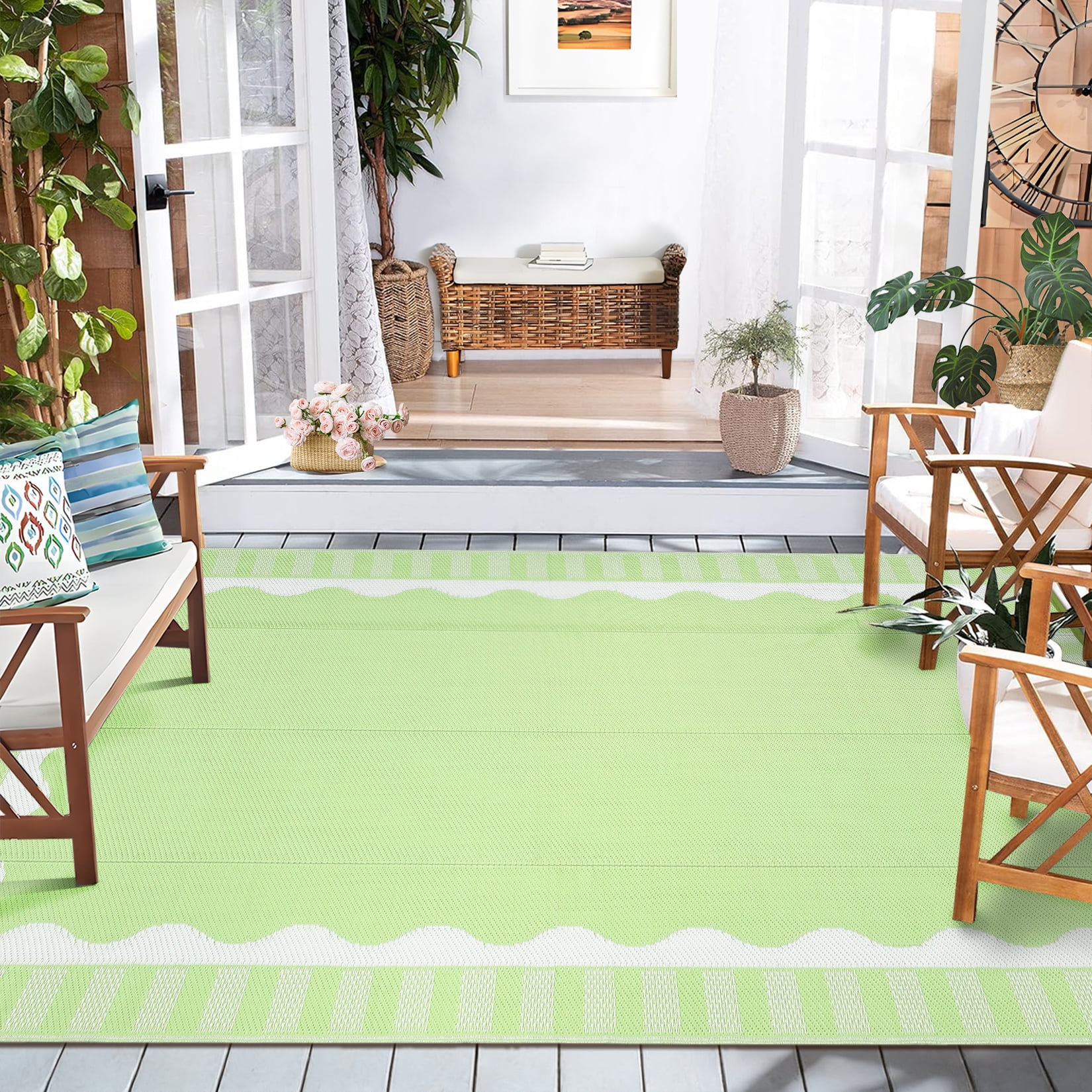 Nanan 9'x12' Outdoor Patio Rug Modern Scalloped Bordered Outdoor Rug Waterproof Reversible Plastic Straw Rug for Camping Picnic Deck Balcony, Light Green