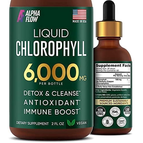 ALPHA FLOW 6000mg Antioxidant-Rich Body Detox Liquid Chlorophyll for Women & Men, Mint, 20 Oz