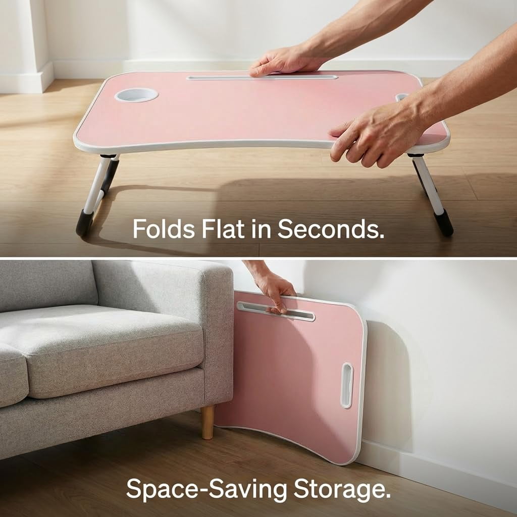 Folding Lap Desk  23 Inch Portable Wood Blue Laptop Bed With Cup Holder For Working Reading Writing Eating Watching Movies Sofa Couch Floor -new008 Pink
