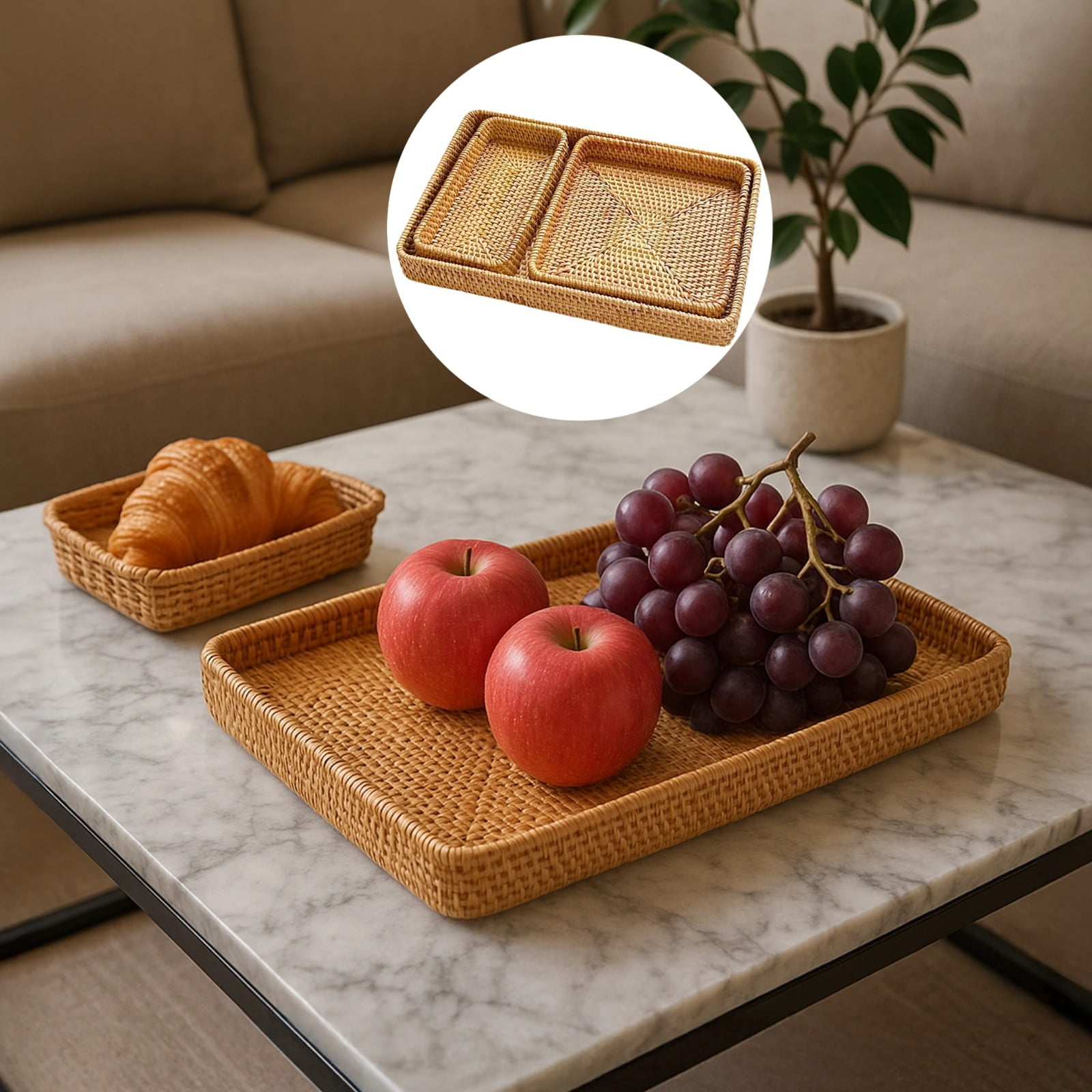 3PCS Storage Organizer Baskets Wicker, Rattan Storage Basket, Rattan Serving Tray, Multi-Use Rectangular Rattan Baskets for Storage, Handmade