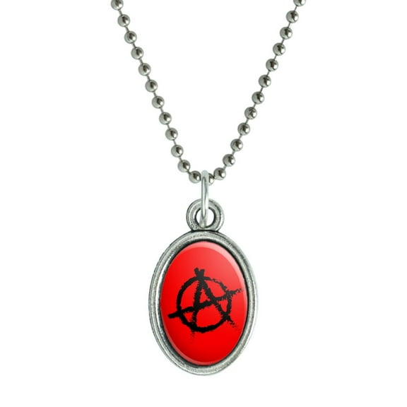 Anarchy Symbol Red Antiqued Oval Charm Pendant with Chain