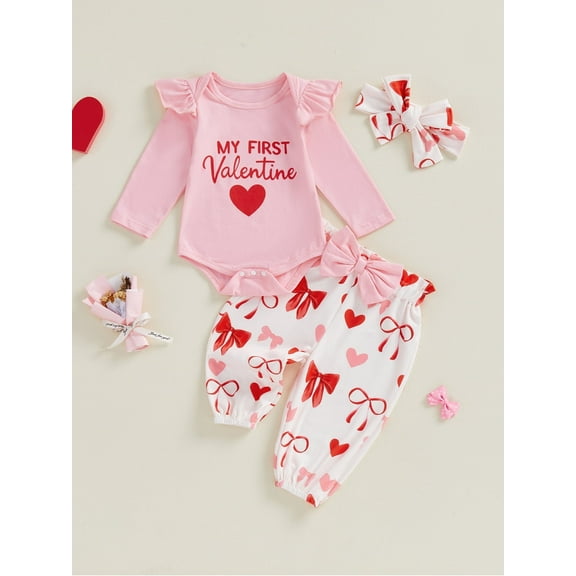Loicainy Baby Toddler Girls 3 Piece Valentine's Day Outfit 3 6 9 12 18 Months Long Sleeve O Neck Letter Heart Bow Print Jumpsuit Headband Elastic Waist Pants Clothes Set