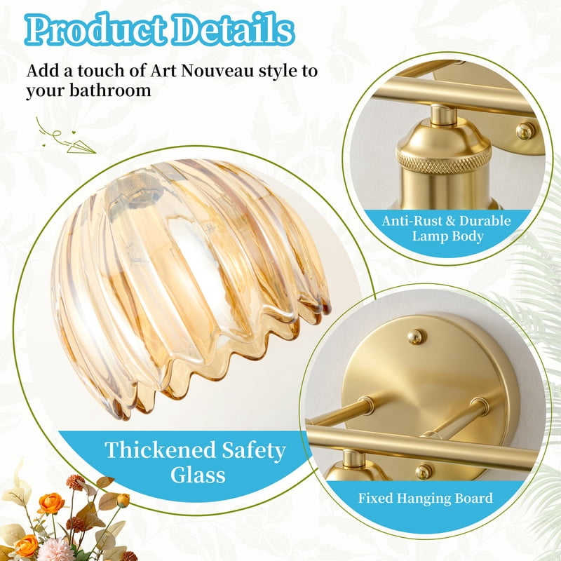 HKMGT 3-Light Gold Vanity Light with Amber Ribbed Glass, Reversible Mounting, E26 Base Wall Sconce for Bathroom & Hallway