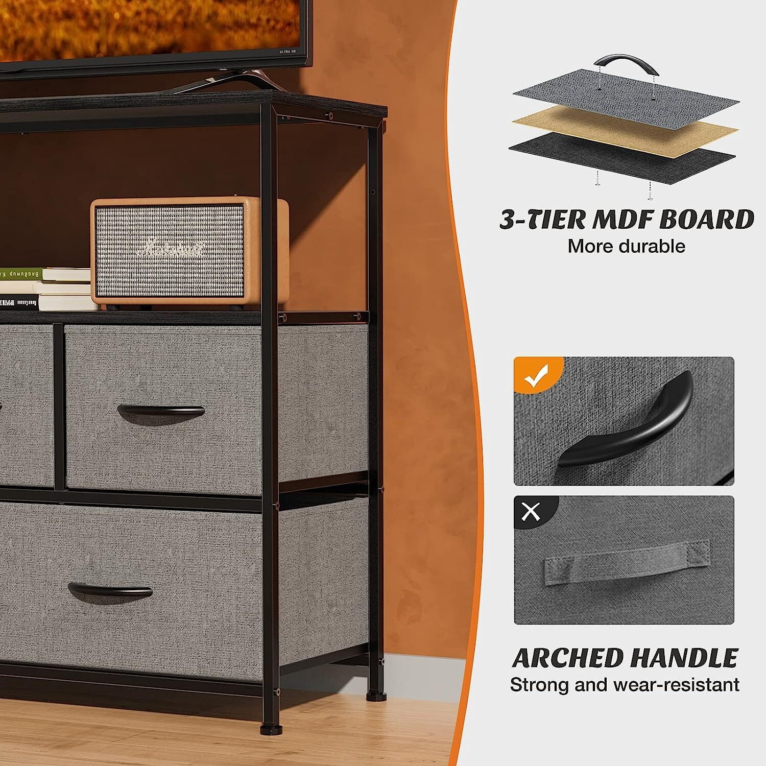 Nextay TV Stand Dresser with 5 Fabric Drawers, Small Media Console with Open Shelf for 45-Inch TV, Storage Organizer for Bedroom, Dorm, or Living Room