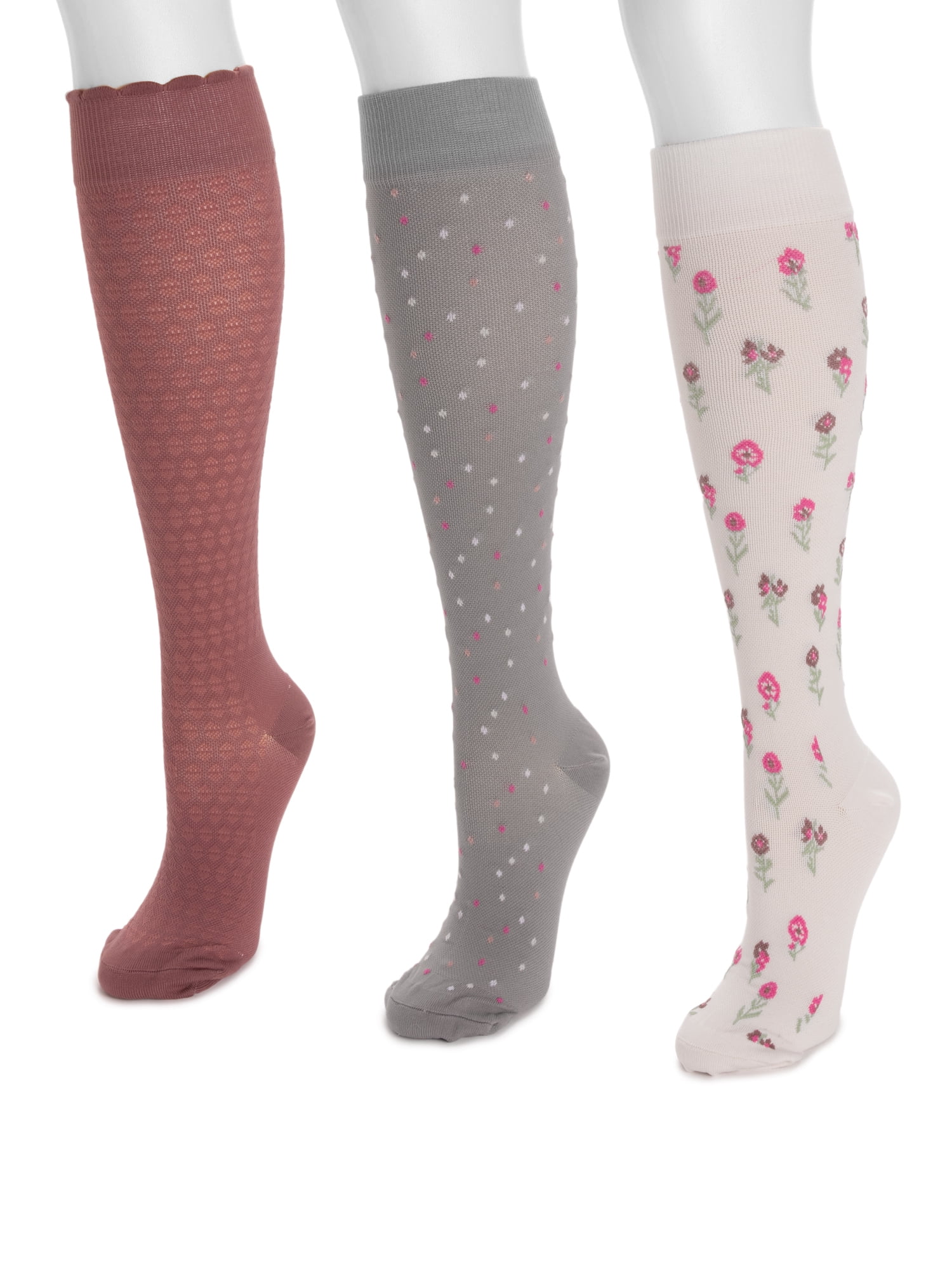 MUK LUKS Women's Wide Width Compression Nylon Knee-High Socks, 3-Pack, Shoe Size 6-10