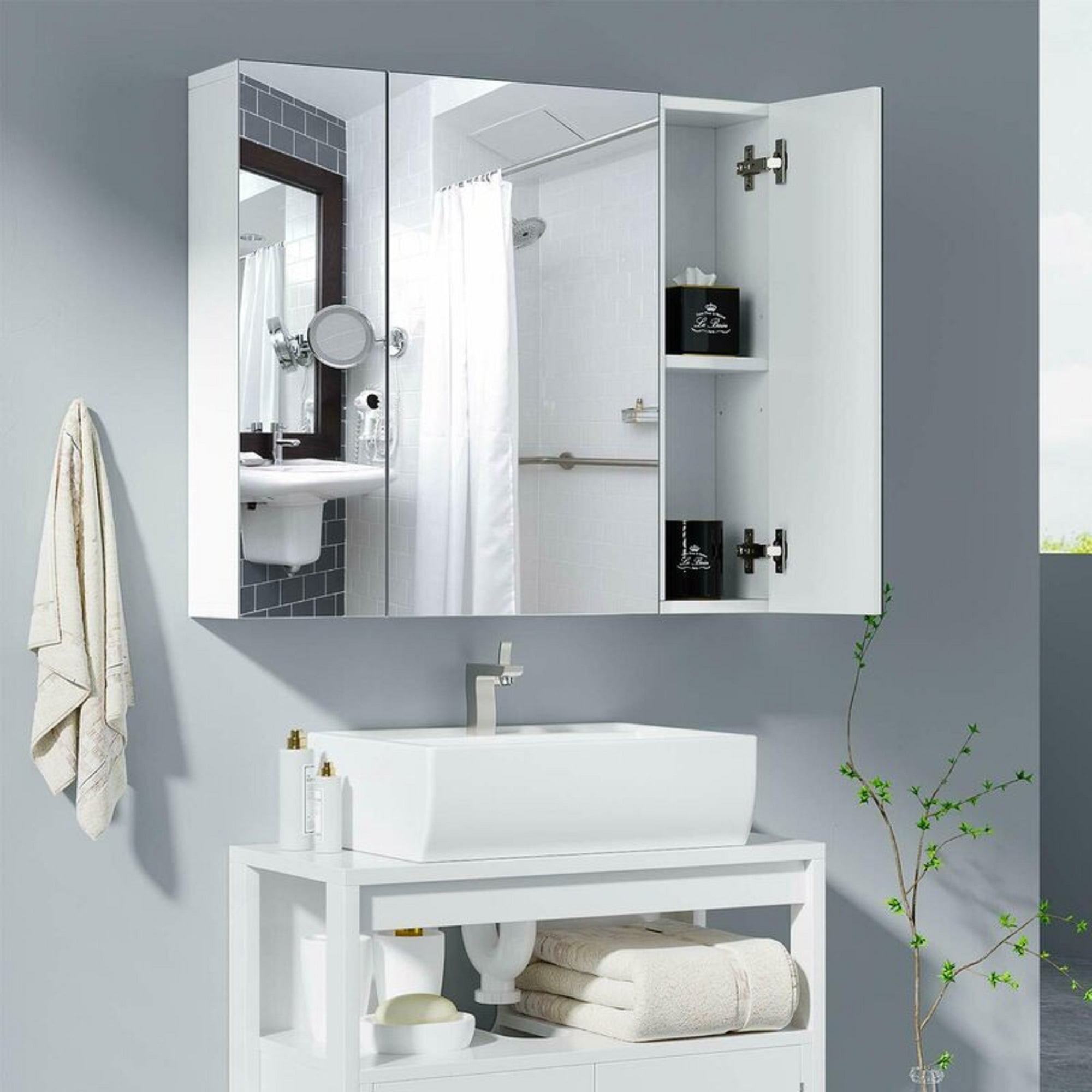 White Sliding Mirror Door Wood Bathroom Cabinet Cupboard Unit With Storage Shelf 