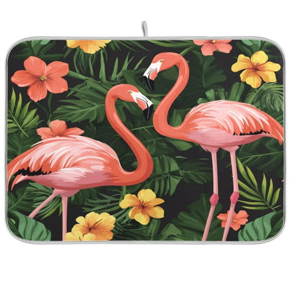 Dish Drying Mat for Kitchen Counter | Reversible, Super Absorbent & Hanging | 16x18 / 18x24 Inch (S/M)，Flamingo