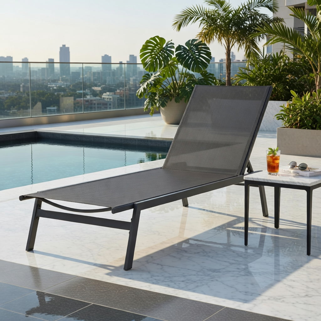 Hommoo 6-Position Adjustable Outdoor Chaise Lounge Chair, Rustproof Steel Frame, Breathable Quick-Dry Fabric, for Patio, Poolside & Backyard, Gray