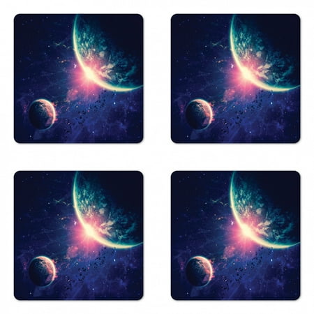 Galaxy Coaster Set of 4, Outer Space Theme Planet Earth Mars in Space Discovery of Universe Astronomy Art, Square Hardboard Gloss Coasters, Standard Size, Navy Blue Pink, by Ambesonne