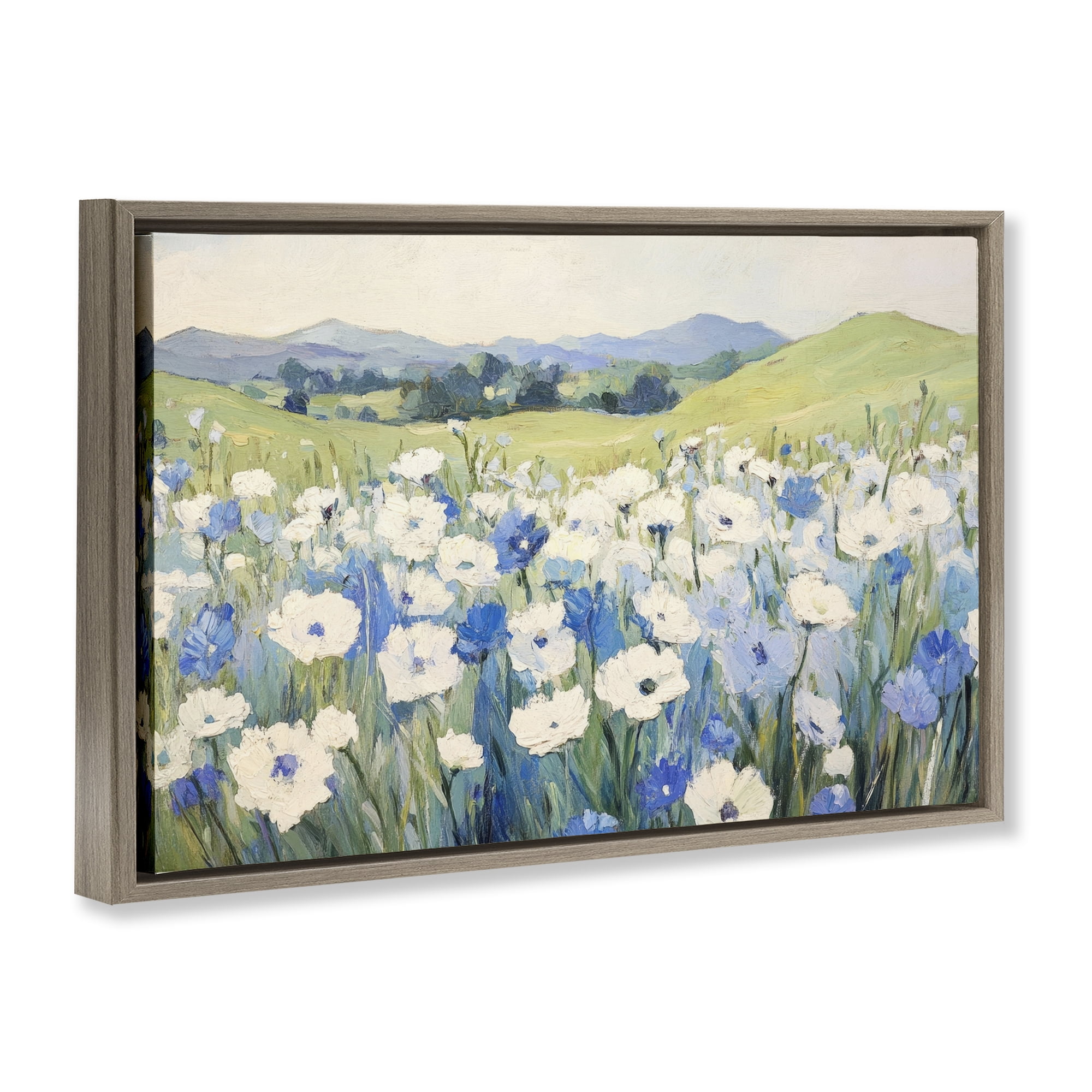Stupell Industries Blue & White Daisies Brown Framed Floater Canvas Wall Art, design by Petal Prints Design