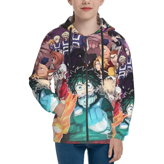 My Hero Academia Youth Sweatshirt 3D Printed Hoodie Activewear Teenager Winter Full-Zip Drawstring Jacket Coats Active Pullover Hooded Blouse For Boys Girls Small