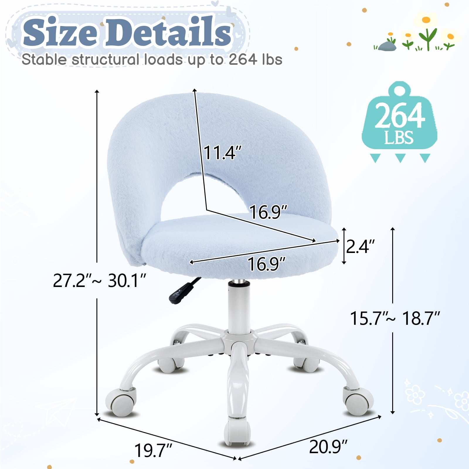 Ktaxon Vanity Makeup Chair Comfy Cute Accent Chair Small Swivel Task Office Chair with Wheels Faux Rabbit Hair Blue