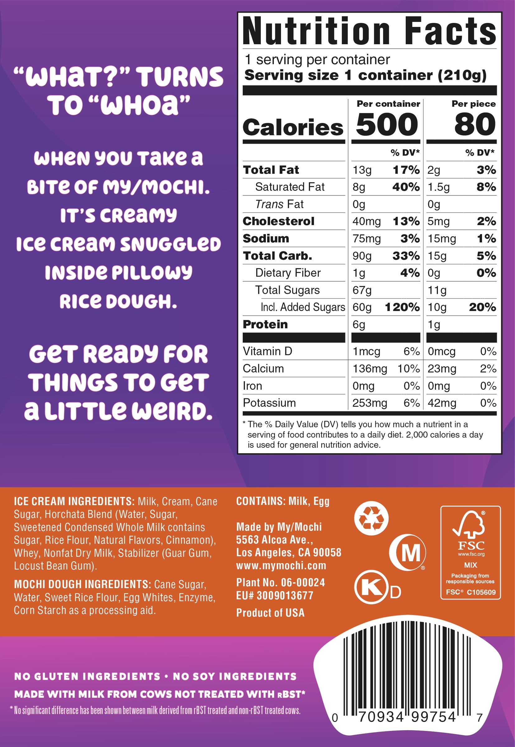 My/Mochi Horchata, Premium Mochi Ice Cream, Net Content 6 Count 1.25 Ounce Soft Pieces