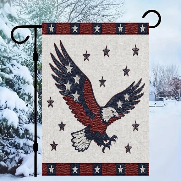 RKSupls Patriotic Linen Double Sided Garden Flag, Independence Day Themed Yard Decor, Eagle Embroidery Fabric Americana Outdoor Banner for Holiday Lawn