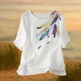 thumbnail image 7 of Women's Crinkle Cotton Feather Print T-Shirt Casual Round Neck Short Sleeve Boho Blouse Top, 7 of 7