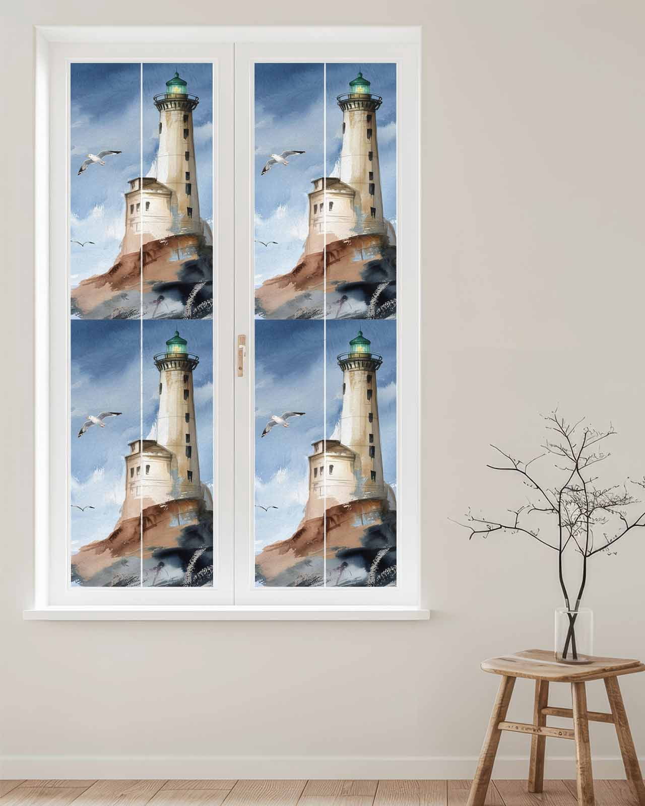Window Privacy Film Beach Lighthouse Stained Glass Window Film Decorative Sun Block Window Cover Coastal Ocean Sky Birds Oil Painting Window Clings Static Adhesive Sticker for Bathroom 29.5"x118"