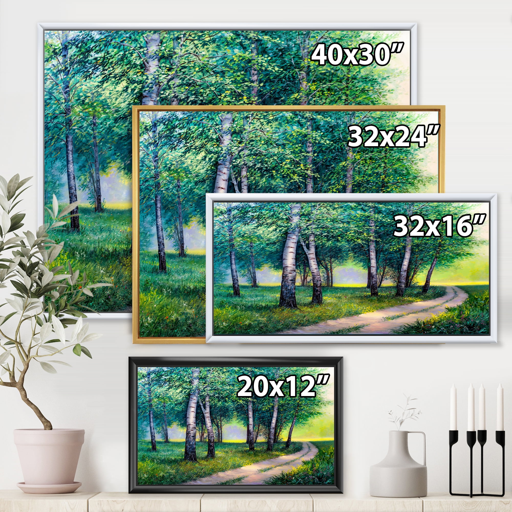 Summer Forest Path By The Birches 20 in x 12 in Framed Painting Canvas Art Print, by Designart