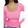 thumbnail image 2 of Women'S Solid Color Long Sleeve U-Neck Ribbed Knitted Casual Top Slim Fit Basic Shirt Pink M, 2 of 6