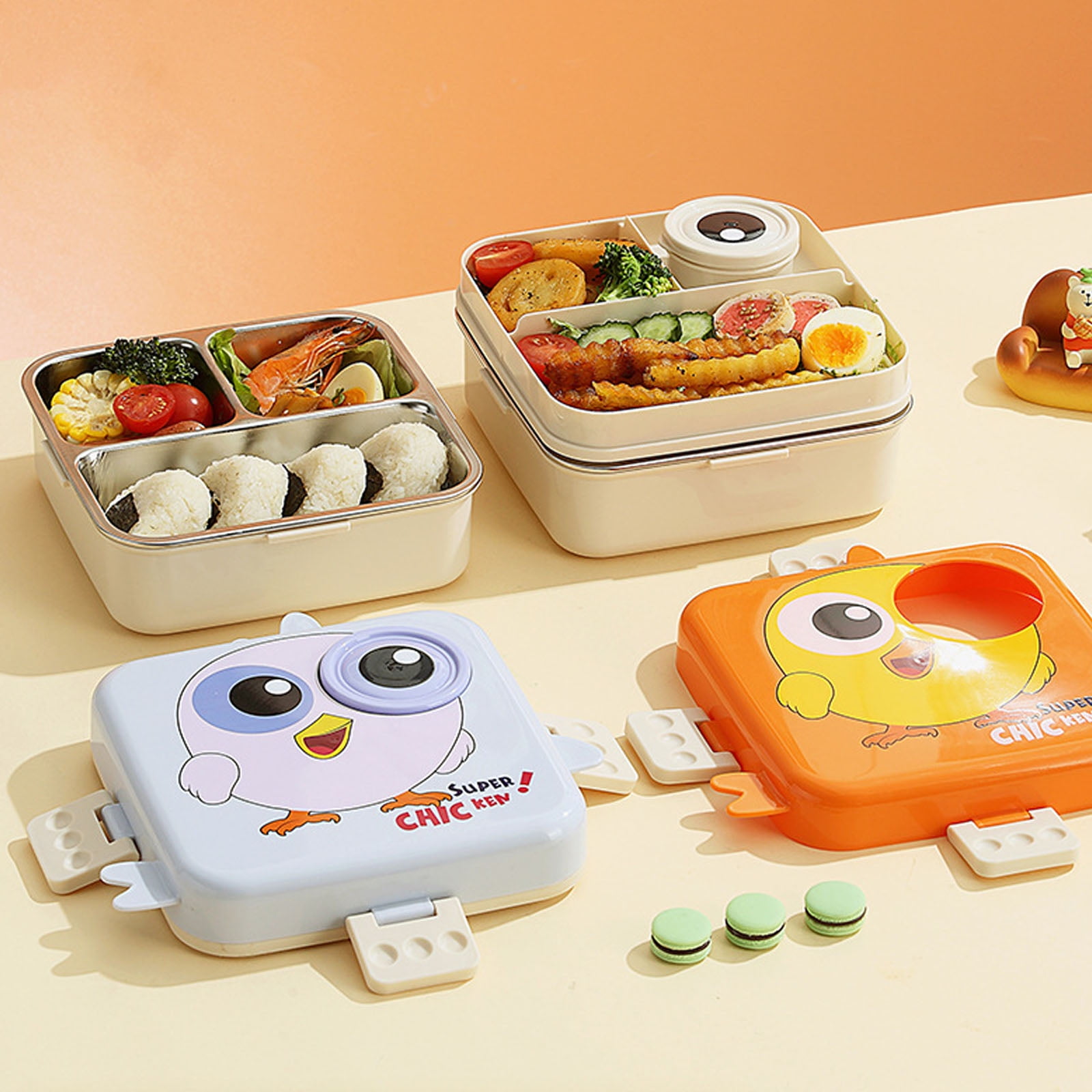 lixuesong Portable Student Lunch Box 3 Compartment Food Storage Container Cartoon Styles Stainless Steel Insulated Bentos Holder