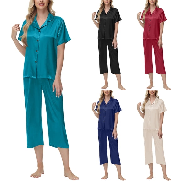 Ashirexll Pajamas for Women Set, Two Piece Sets for Women, Solid Color Ice Silk Satin Short Sleeve Top and Short Pant Home Set