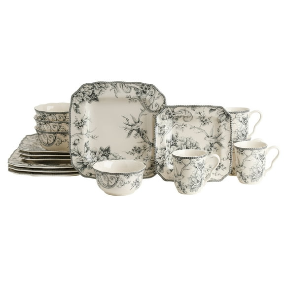 222 Fifth Adelaide Square Porcelain Dinnerware Collection, 16-Piece Set, Grey Toile