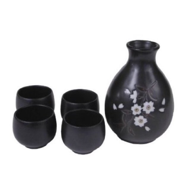 Japanese 5 Pc Sake Carafe & Cup Set Black Cherry Blossom