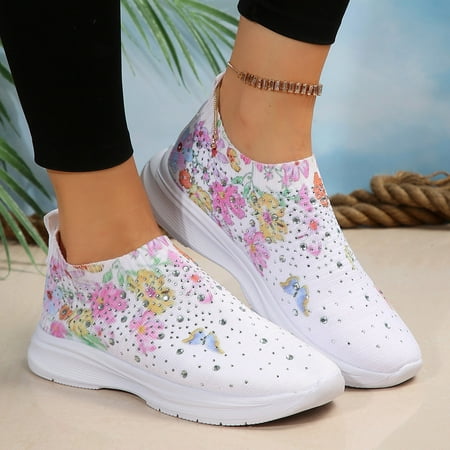 

XIAQUJ Ladies Fashion Printed Rhinestones Decorated Breathable Elastic Mesh Flat Casual Sports Shoes Sneakers for Women 2024 White 8.5(41)