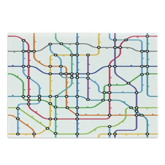 Map Cutting Board, Colorful Thin Lines Metro Scheme Transportation Network Diagram Outline Urban City Life, Decorative Tempered Glass Cutting and Serving Board, Large Size, Multicolor, by Ambesonne