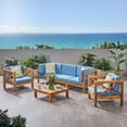 thumbnail image 2 of GDF Studio Morgan Outdoor 5 Seater Acacia Wood Sofa Chat Set, Teak Finish and Blue, 2 of 12