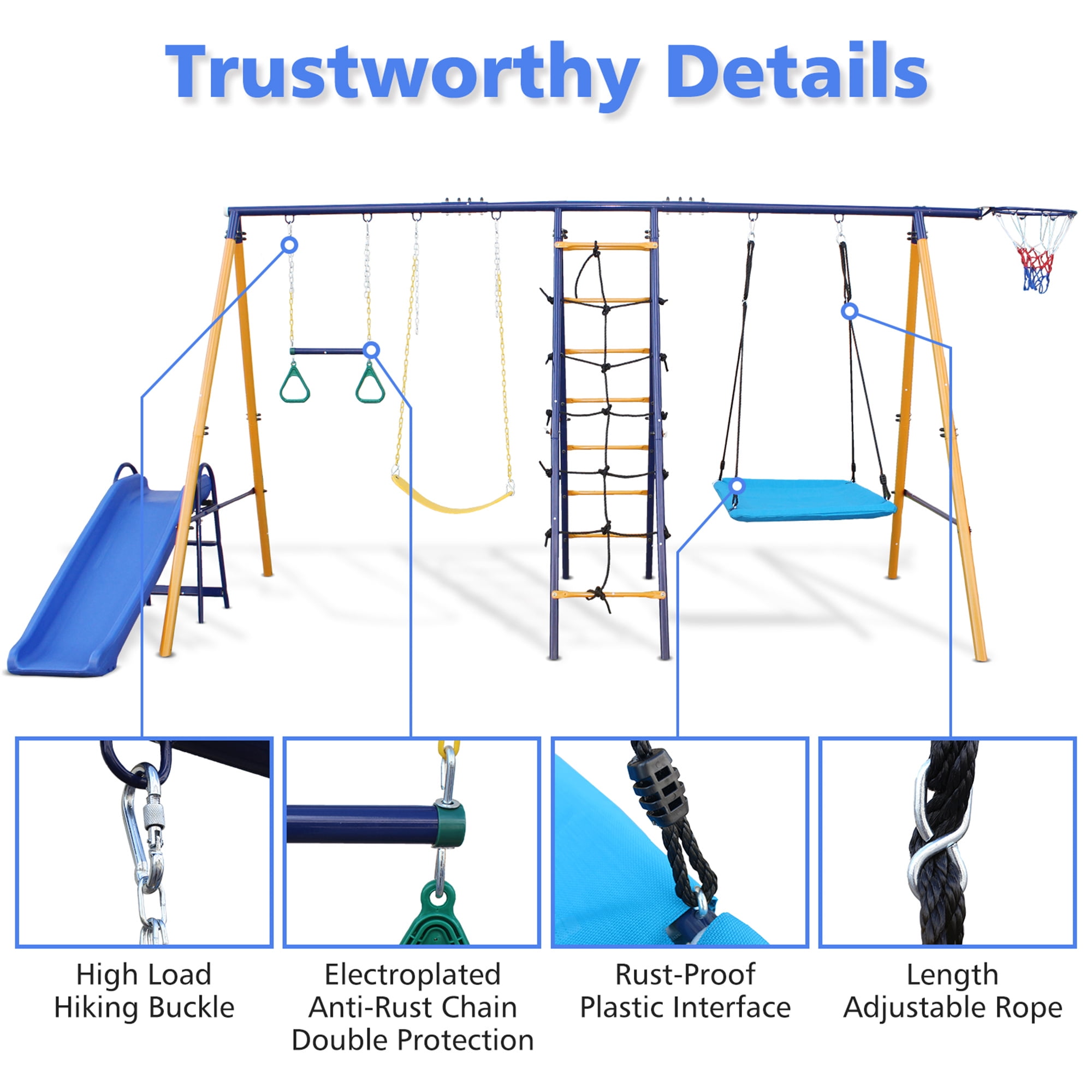 Aukfa 7 in 1 Kids Swing Set, Outdoor Heavy-Duty Metal Playset for Backyard with Slide, Climbing Net, Blue