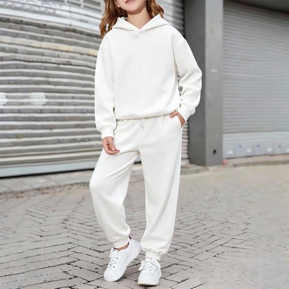 Girls Boys 2 Piece Tracksuit Athletic Sweatsuits Sets, Sport Hooded Sweatshirt and Jogger Sweatpants Clothing Sets for Halloween Christmas(White,8-9 Years)