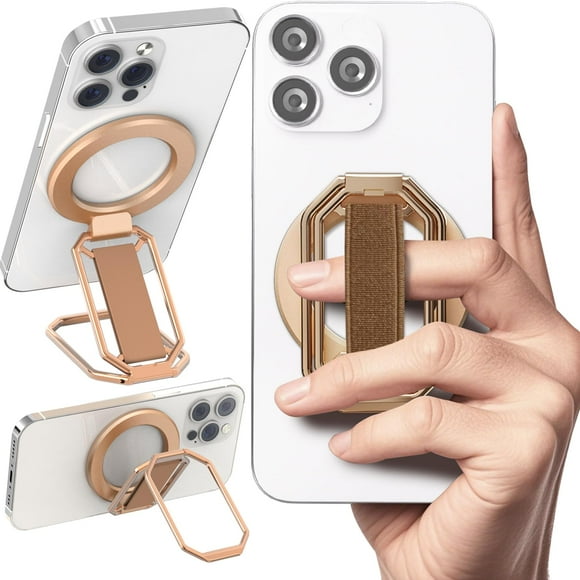 Soporte magnético para teléfono MagSafe 4 en 1 (el más nuevo de 2025) con correa para los dedos, soporte de anillo extraíble para iPhone 17 Pro Max 16, 15, 14, 13, 12, oro rosa