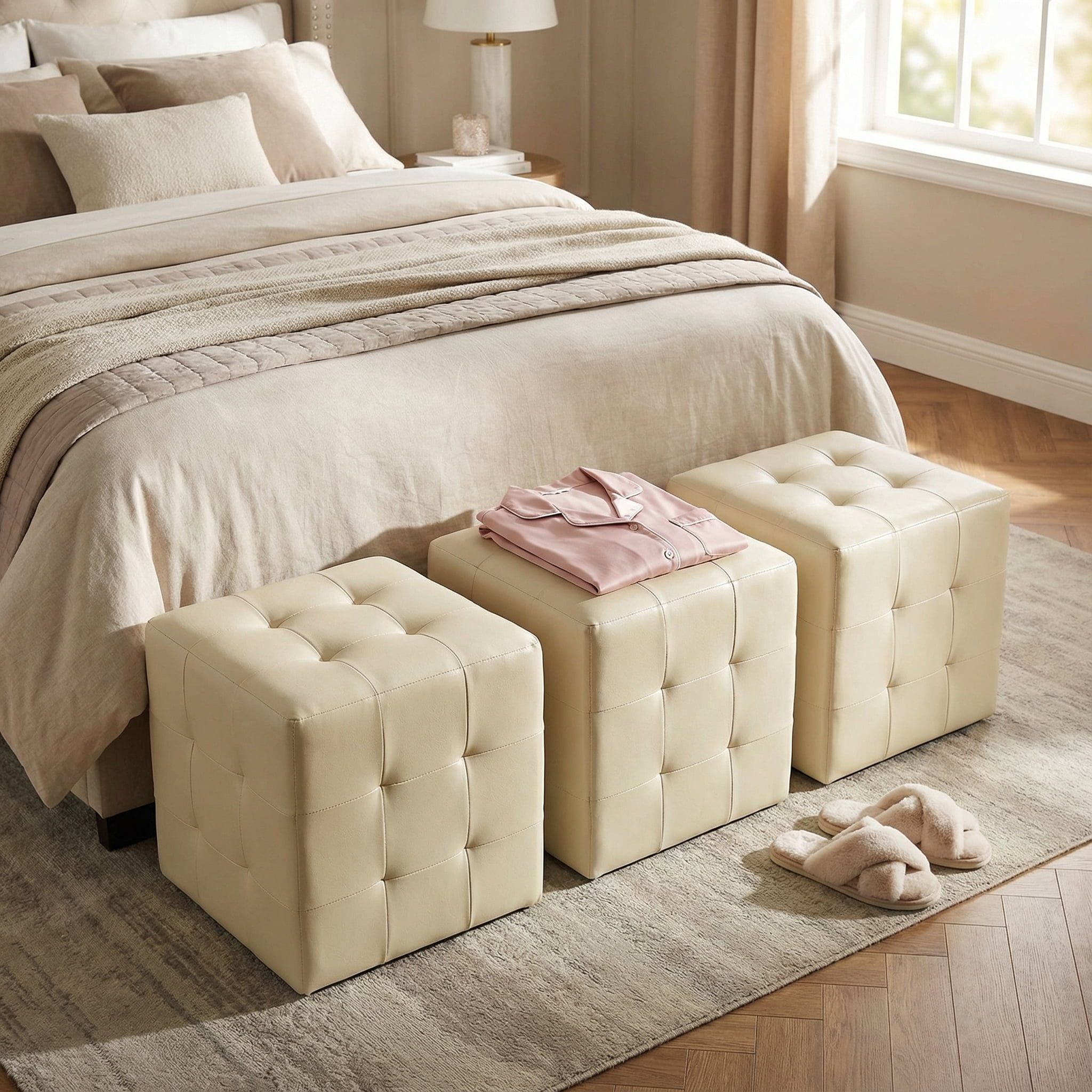 Cortesi Home Braque  Tufted Cube Ottoman in Ivory Faux Leather