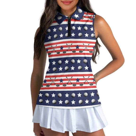 Garronmavis Golf Shirt for Women Quarter Zip Sleeveless Tennis Shirts Collared Casual Shirts Hiking Pickleball Womens Flag Golf Shirt, American Flag Stripe, Size XS