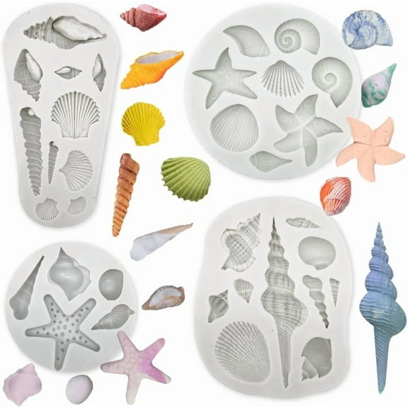 4 PCS Marine Theme Cake Fondant Silicone Mold Seashell Conch Starfish Baking Molds, For Theme Cake Cookie Chocolate Candy Decoration Fondant Polymer Clay